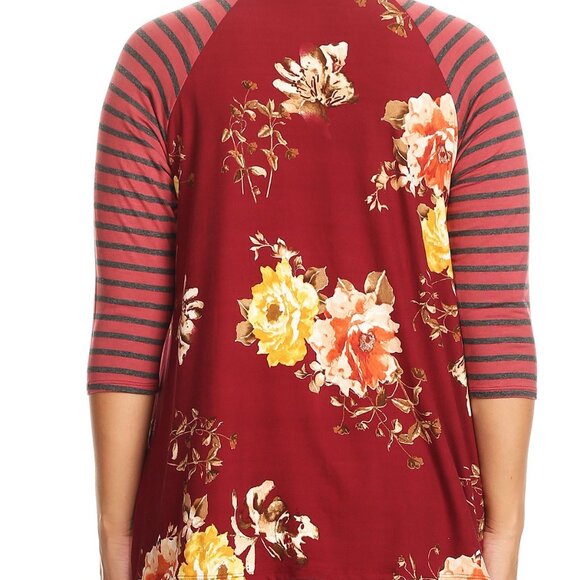 Women Plus Size Striped Sleeve Floral Printed Raglan Jersey Tunic Knit Top Tee - Picture 2 of 4